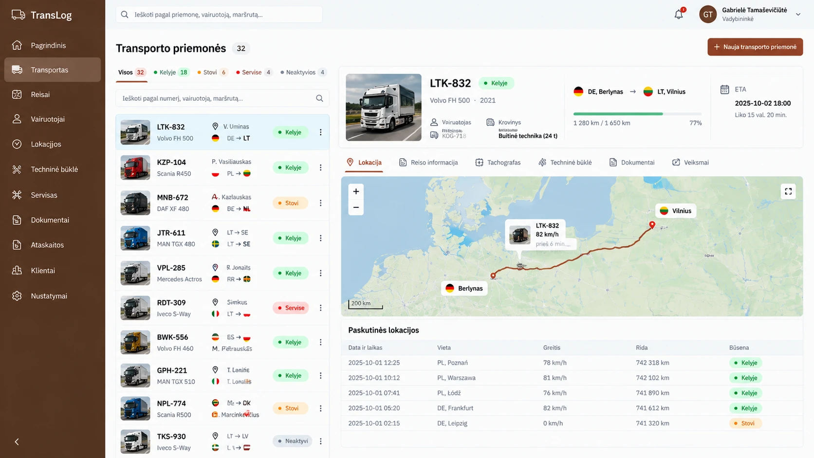 Sample fleet management system: a vehicle list, a route on the map and the latest locations