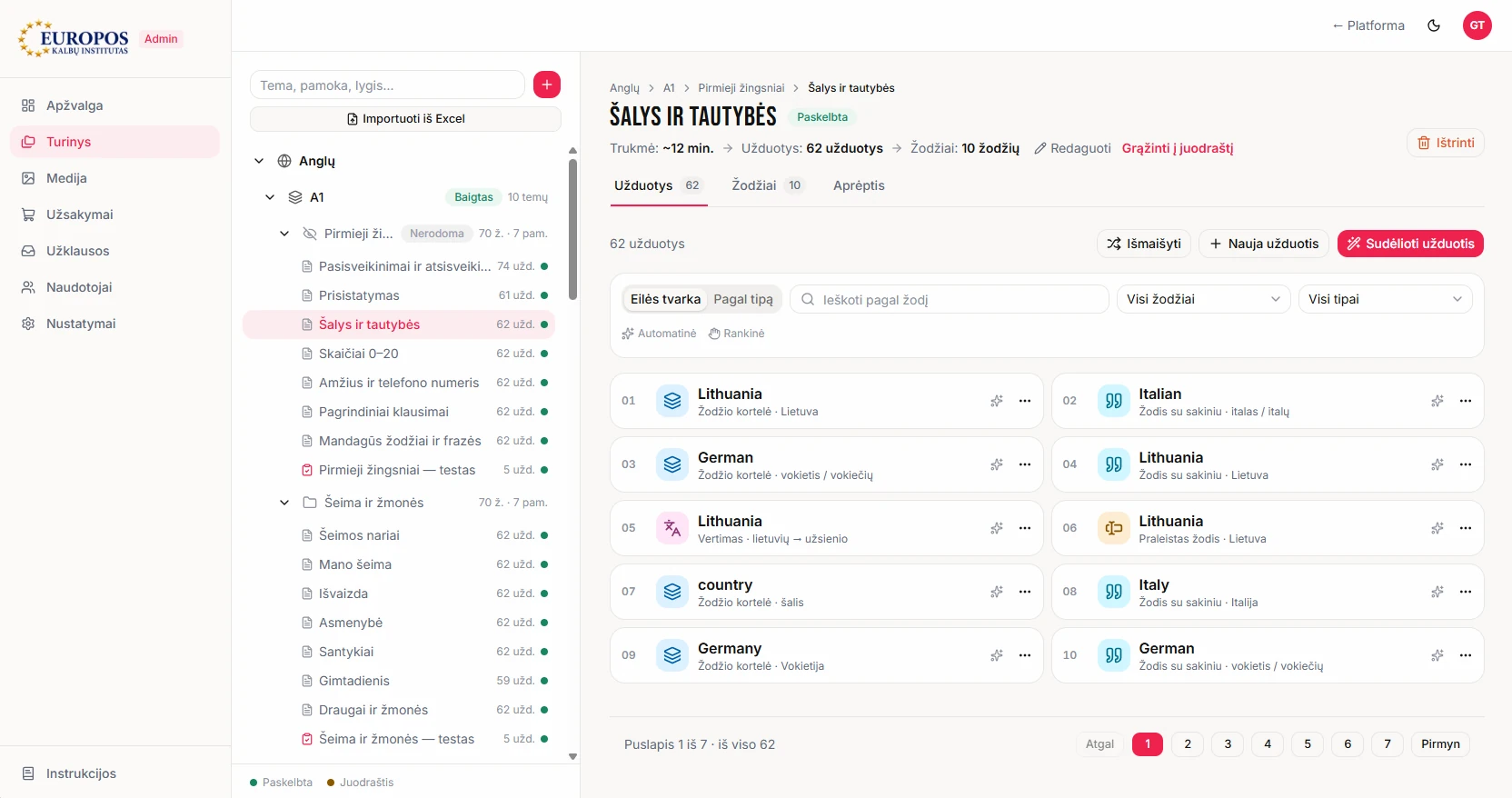 Content management: the content tree on the left, the lesson's exercise list on the right