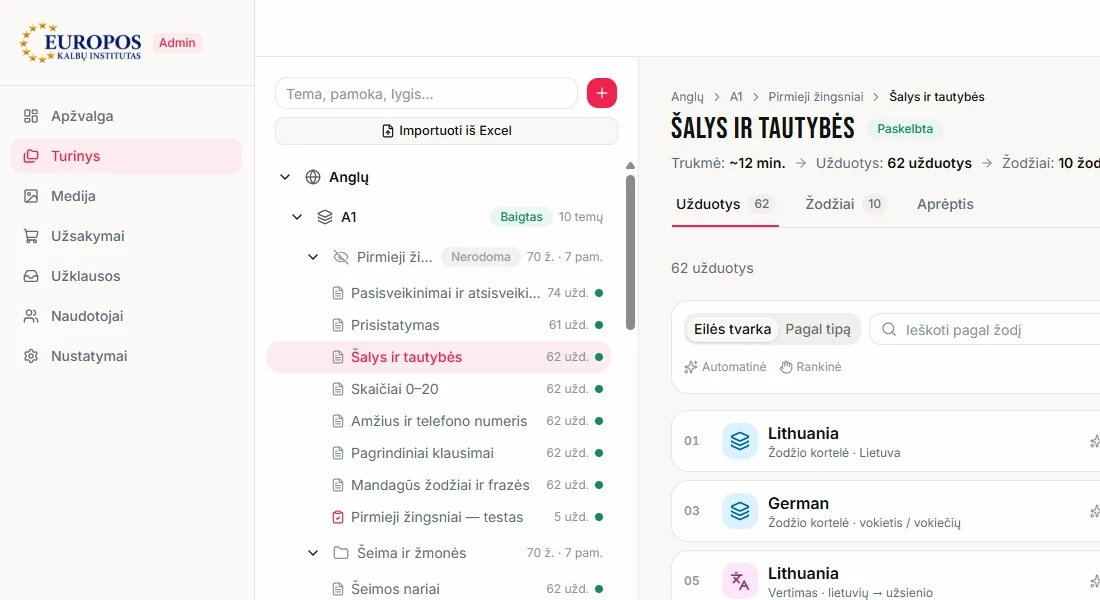 Content management: the content tree and the “Import from Excel” button