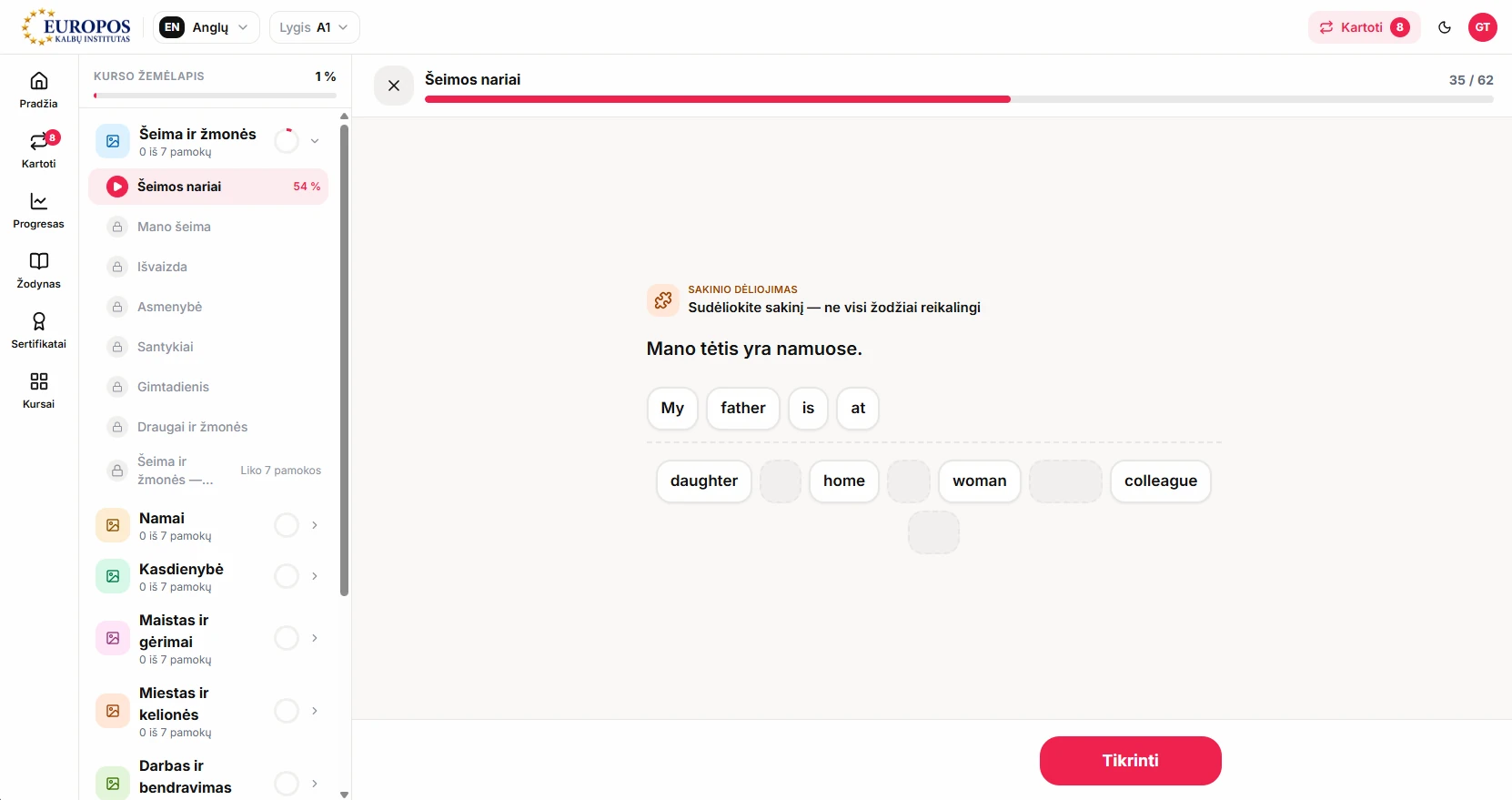 A lesson in progress: the progress bar and a sentence-building exercise