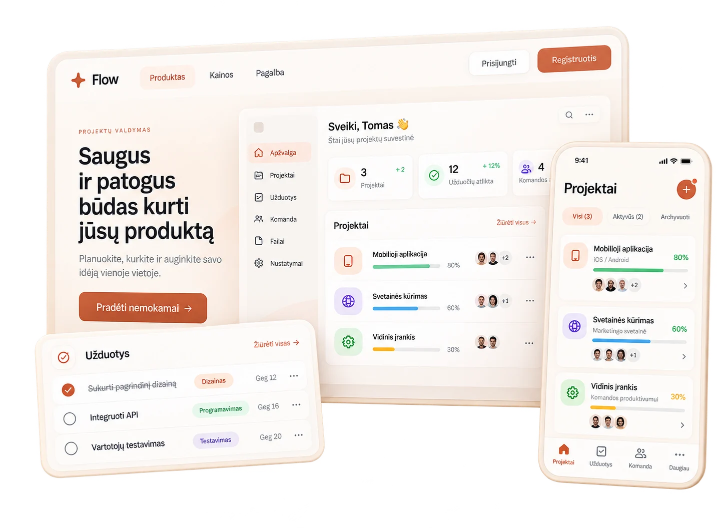An example web application: a public website, a project dashboard, a task list and the mobile app