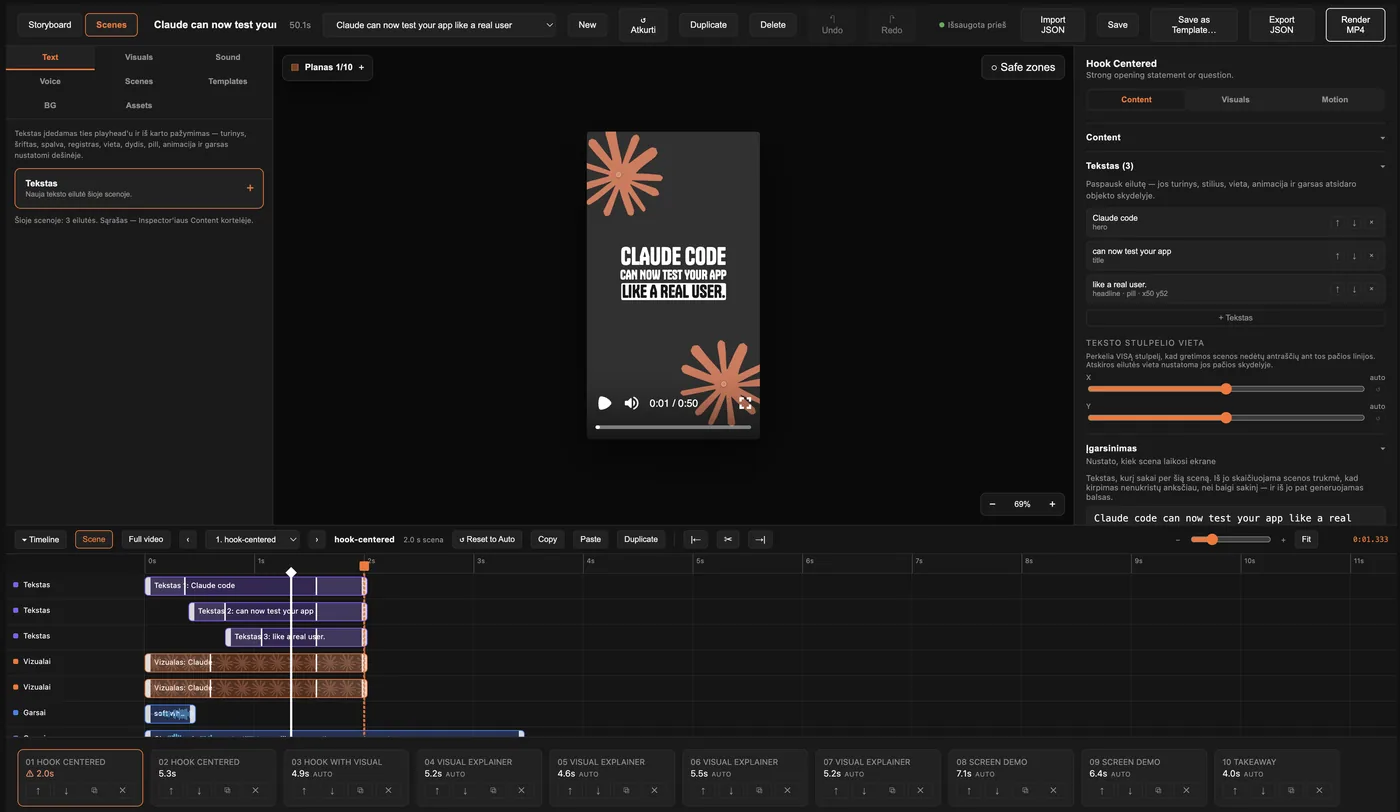 The TikMaker editor: scene list, preview, settings and a multi-row timeline