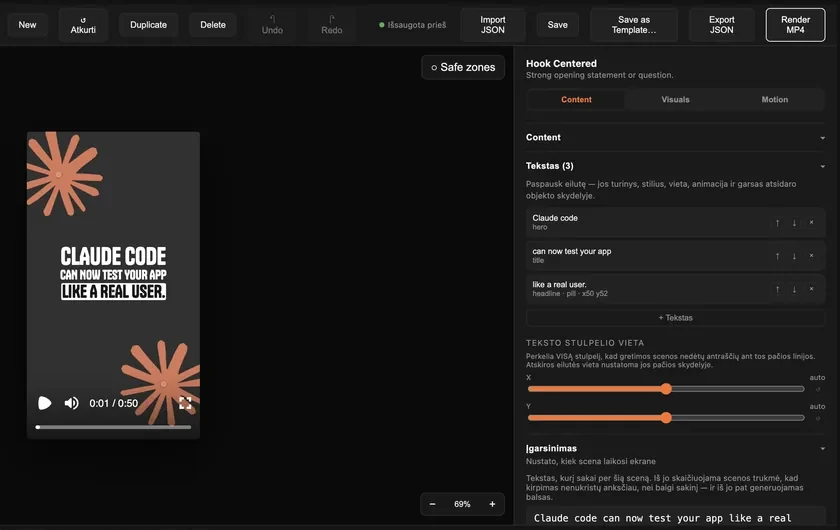 TikMaker: the preview, the “Render MP4” button and the scene's voice-over text in the inspector